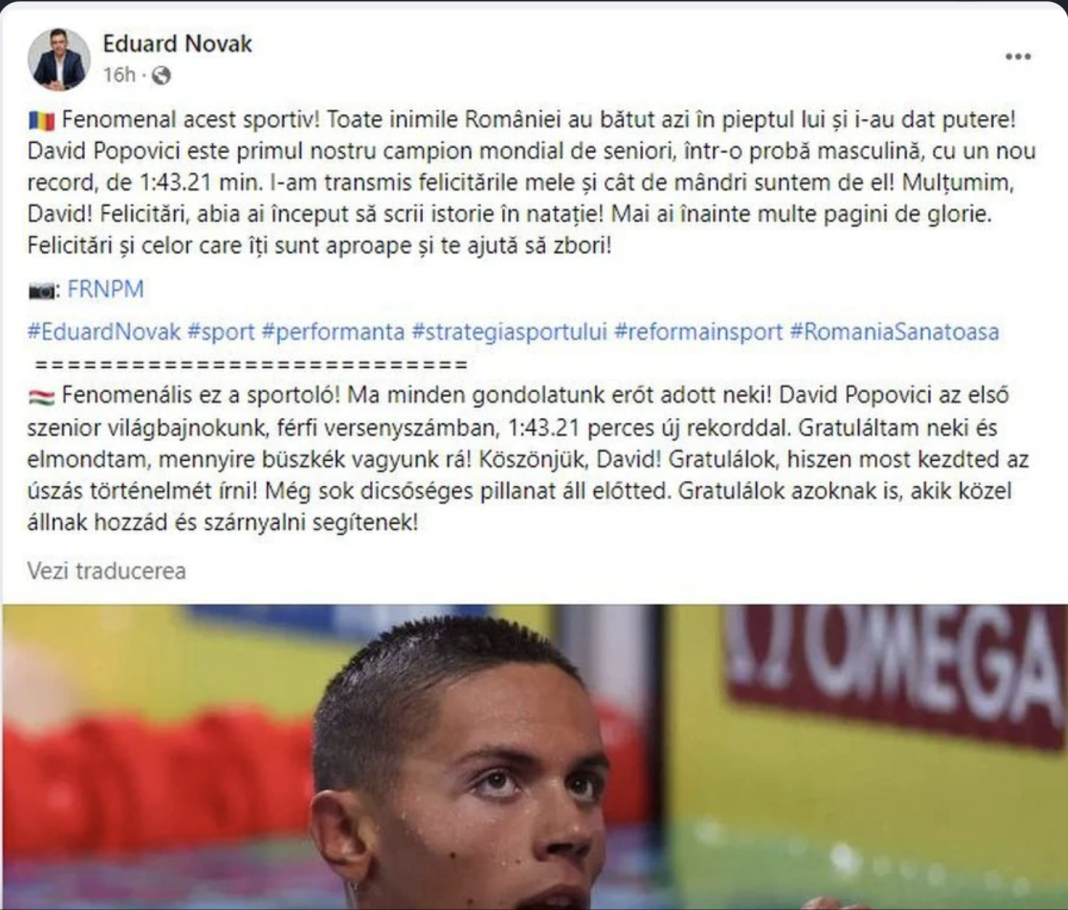Ministrul maghiar al Sportului încă un scandal: David Popovici Ministrul maghiar al Sportului încă un scandal: David Popovici