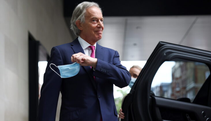 Former British Prime Minister Tony Blair leaves the BBC Headquarters after appearing on the Andrew Marr Show, in London