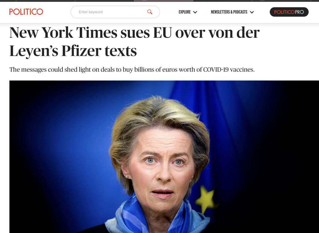 Ursula von der Leyen a fost dată în judecată de NY Times la CJUE pentru a obține SMS-urile prin care a „negociat” direct cu CEO-ul Pfizer achiziționarea a miliarde de doze de vaccinuri Ursula von der Leyen a fost dată în judecată de NY Times la CJUE pentru a obține SMS-urile prin care a „negociat” direct cu CEO-ul Pfizer achiziționarea a miliarde de doze de vaccinuri