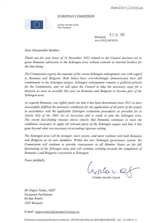 Ursula von der Leyen, într-un răspuns adresat europarlamentarului Eugen Tomac: Solicităm Consiliului să facă paşii necesari astfel încât România şi Bulgaria să devină parte a spaţiului Schengen cât mai curând anul acesta Ursula von der Leyen, într-un răspuns adresat europarlamentarului Eugen Tomac: Solicităm Consiliului să facă paşii necesari astfel încât România şi Bulgaria să devină parte a spaţiului Schengen cât mai curând anul acesta