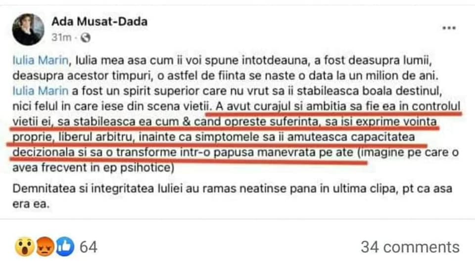 Mirel Curea: Psihoterapeuta jurnalistei Iulia Marin își felicită pe Facebook fosta clientă pentru curajul de a se fi sinucis Mirel Curea: Psihoterapeuta jurnalistei Iulia Marin își felicită pe Facebook fosta clientă pentru curajul de a se fi sinucis