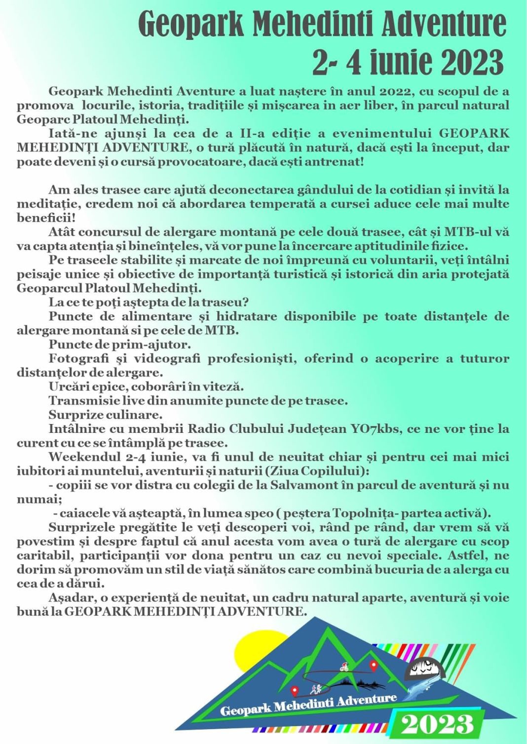 CJ Mehedinți vă invită la Geopark Mehedinți Adventure 2023 CJ Mehedinți vă invită la Geopark Mehedinți Adventure 2023
