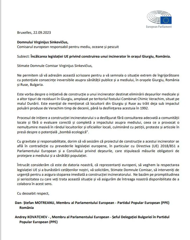 Europarlamentarul Dan Motreanu: Alături de cetățenii îngrijorați din Giurgiu, mă opun construcției unui incinerator de deșeuri în municipiul Giurgiu. I-am transmis comisarului european pentru Mediu, Virginijus Sinkevičius, o interpelare în acest sens, semnată și de europarlamentarul bulgar Andrey Kovatchev, șeful delegației Bulgariei în Partidul Popular European Europarlamentarul Dan Motreanu: Alături de cetățenii îngrijorați din Giurgiu, mă opun construcției unui incinerator de deșeuri în municipiul Giurgiu. I-am transmis comisarului european pentru Mediu, Virginijus Sinkevičius, o interpelare în acest sens, semnată și de europarlamentarul bulgar Andrey Kovatchev, șeful delegației Bulgariei în Partidul Popular European