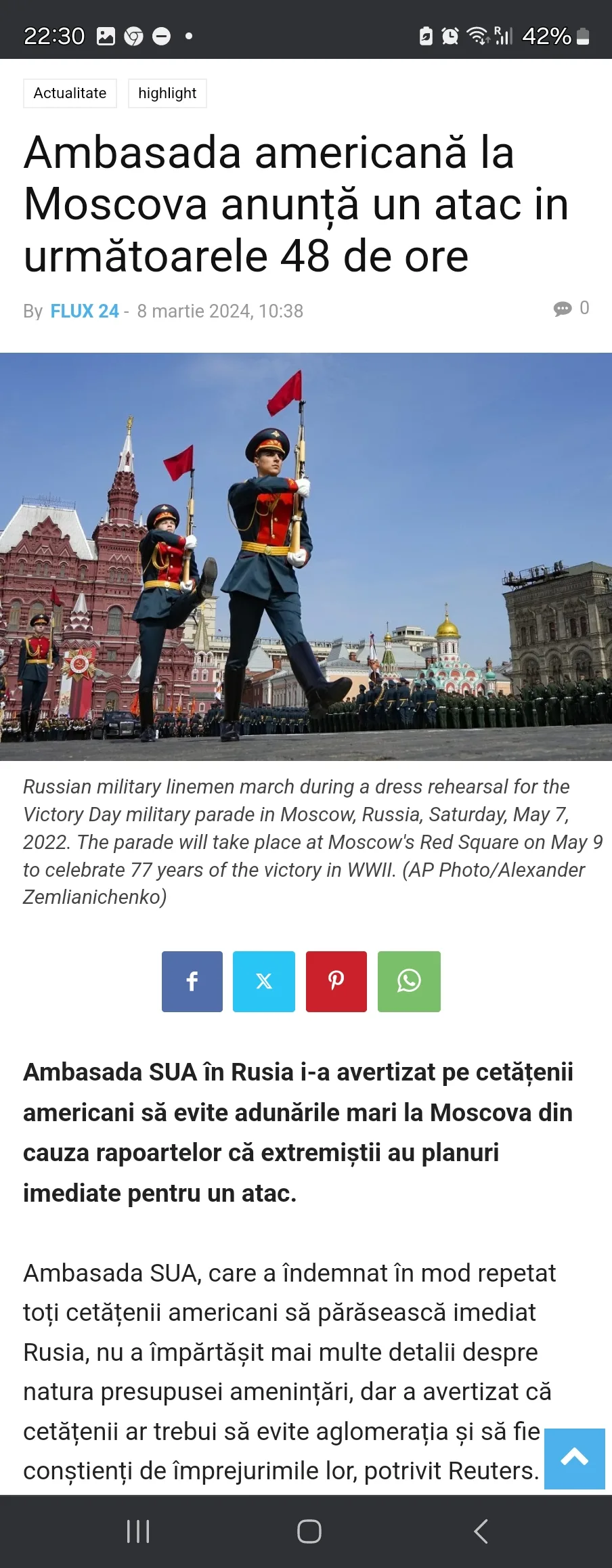 Ambasada americană din Moscova a anunțat un atac terorist iminent în capitala Rusiei în 8 martie Ambasada americană din Moscova a anunțat un atac terorist iminent în capitala Rusiei în 8 martie