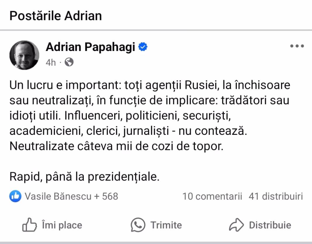 Vasile Bănescu i-a dat like lui Adrian Papahagi la postarea că trebuie arestați toți care sunt bănuiți că ar fi „agenții Rusiei” Vasile Bănescu i-a dat like lui Adrian Papahagi la postarea că trebuie arestați toți care sunt bănuiți că ar fi „agenții Rusiei”
