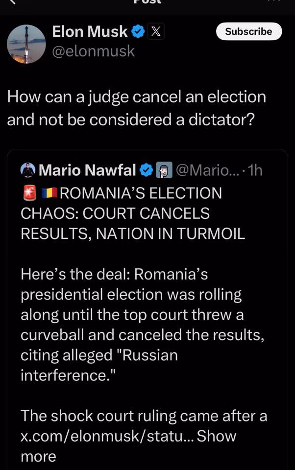 Musk: Cum poate un judecător să anuleze alegerile si să nu fie considerat un dictator? Musk: Cum poate un judecător să anuleze alegerile si să nu fie considerat un dictator?