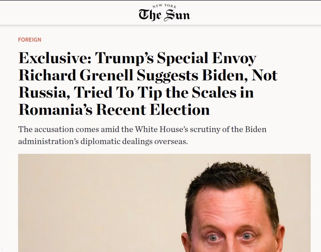 Richard Grenell, trimisul special al lui Trump pentru operațiuni speciale, sugerează că Administrația Biden a manipulat alegerile din România Richard Grenell, trimisul special al lui Trump pentru operațiuni speciale, sugerează că Administrația Biden a manipulat alegerile din România