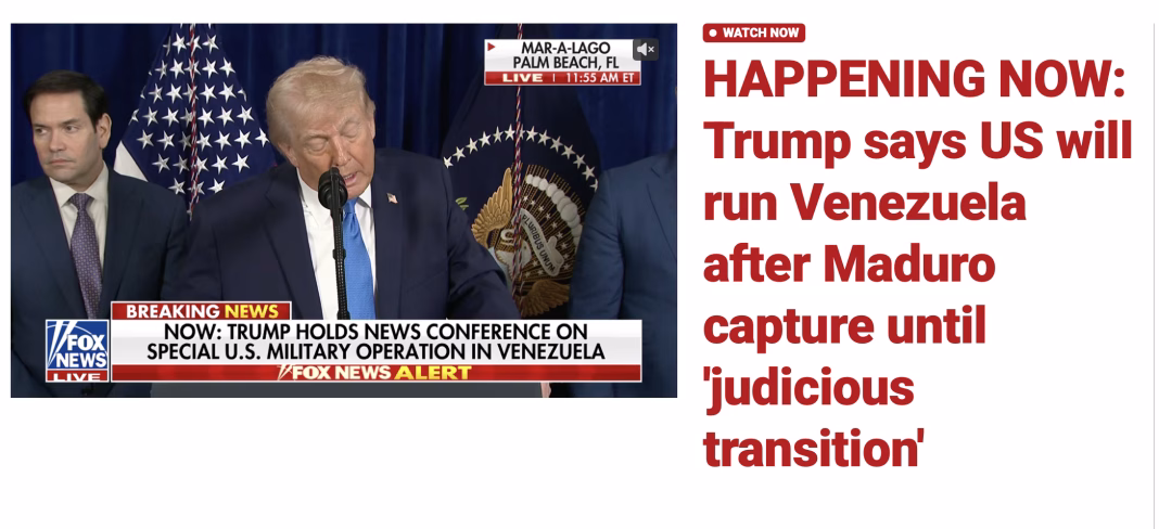 Trump: Vom guverna Venezuela. Vom obliga companiile petroliere foarte mari să investească miliarde de dolari în reconstrucția infrastructurii petroliere Trump: Vom guverna Venezuela. Vom obliga companiile petroliere foarte mari să investească miliarde de dolari în reconstrucția infrastructurii petroliere