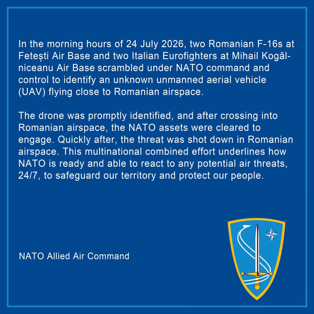 NATO spune că drona din Buzău a fost doborâtă „sub comandă și control NATO”. Nu a fost decizia României NATO spune că drona din Buzău a fost doborâtă „sub comandă și control NATO”. Nu a fost decizia României